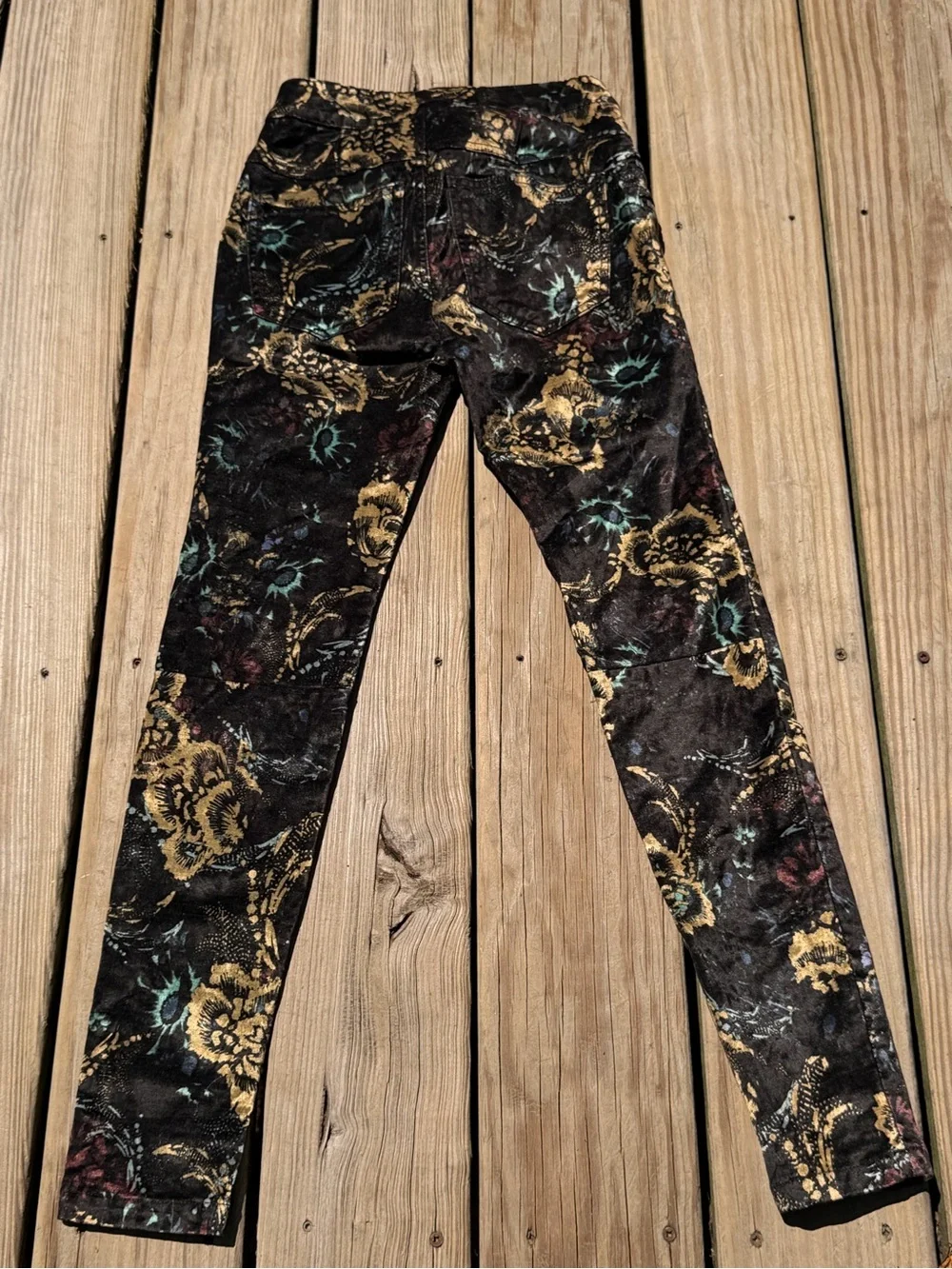Free People Black Skinny Jeans with Gold Floral Jacquard
